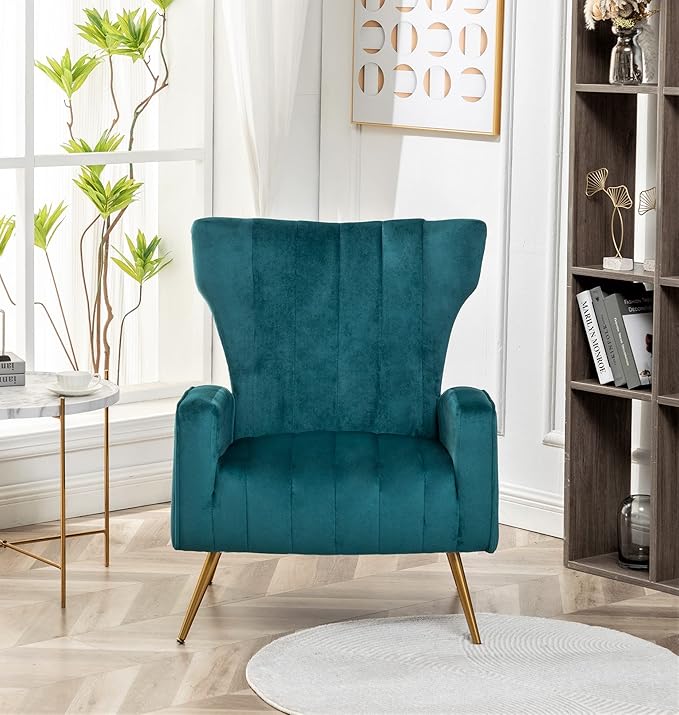 Modern Velvet Accent Chair, Channel Tufted Bedroom, Office or Living Room Furniture with Elegant Metal Legs, 26" Wide Armchair, Blueish Green