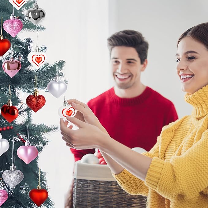 24PCS Heart Ornaments, 7 Kinds Valentine Ornaments for Tree, Valentine Tree Decorations in 4 Colors, Glitter Heart Shaped Baubles for Valentines Hanging Decorations Christmas Indoor Decor