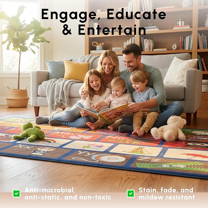 SAFECASTLE ABC Picture Phonics Alphabet Educational Area Rug for Kids 7'8" x 10'4" Preschool & Classroom Learning Carpet with Upper and Lowercase Letters, Rug for Early Learning, Daycare & Playrooms
