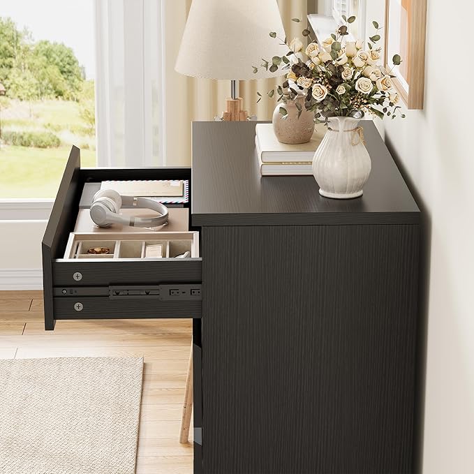 Modern Black 6 Drawer Dresser - Simply Chest of Drawers for Bedroom, Closet, Living Room, Hallway, Entryway, Wood Storage Double Dresser with Smooth Metal Rails - Black