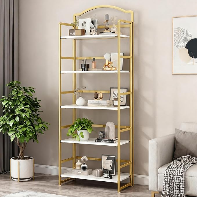 JSB No Assembly Folding Bookshelf, 5 Tier Book Shelf for Storage, Vintage Wood Foldable Bookcase for Living Room, Bedroom, Office Organization Shelves