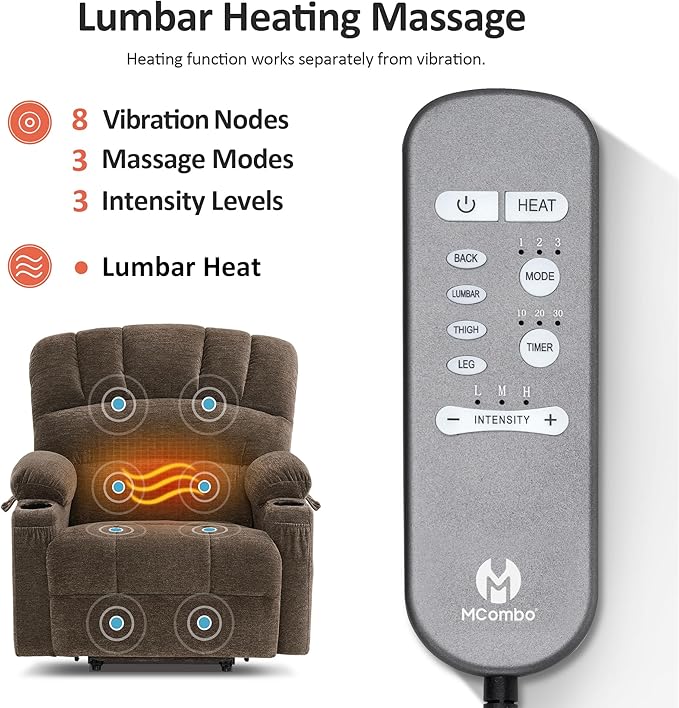 MCombo Power Lift Recliner Chair for Elderly, Lift Chair with Heat and Massage, Extra Wide Lift Recliner for Big People, Fabric R7096 (Medium-Wide, Coffee)