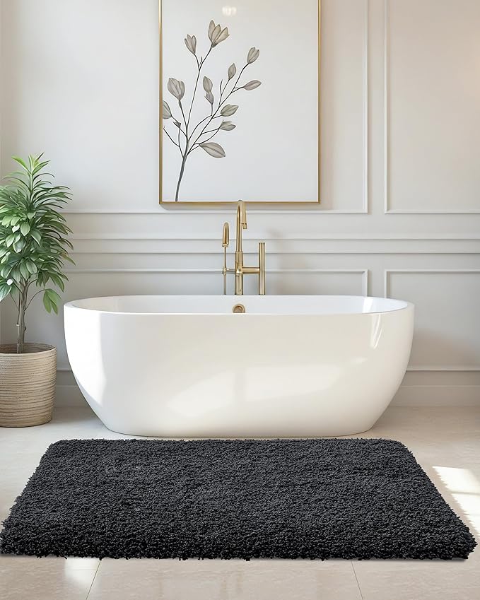 ILANGO Black Bathroom Rugs 48" × 24" Non Slip & Super Absorbent Extra Thick Soft, Washable Bath Mat for Floor, Microfiber Plush Shaggy Bath Rug with Rubber for Bathtub Shower Room Sink