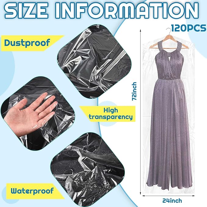 Patelai 120 Pcs 72 Inch Long Dry Cleaning Bags for Clothes Dress Clear Garment Bags for Hanging Clothes Plastic Storage Cover Transparent Dust Cover for Laundrette Suits Wedding Gowns Coats Uniforms