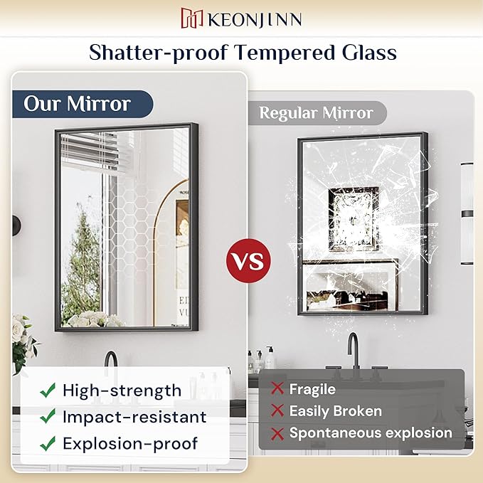 Keonjinn Black Mirror for Bathroom 24 x 36 Inch, Stainless Steel Framed Wall Mounted Mirrors, Anti-Rust, HD Tempered Glass, Shatter-Proof, Rectangle Bathroom Vanity Mirror, Modern Style Frame