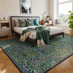 Lessymo Floral Living Room Rug 8x10 Area Rugs, Vintage Forest Washable Rugs for Dining Room Bedroom, Low Pile Non Slip Rubber Green Mat, Distressed Retro Indoor Boho Carpet, Forest Green