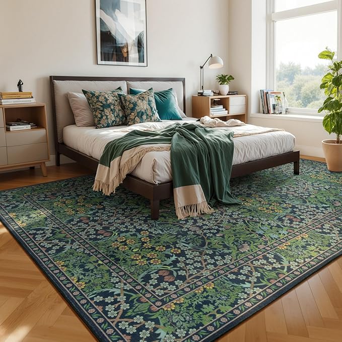 Lessymo Floral Living Room Rug 8x10 Area Rugs, Vintage Forest Washable Rugs for Dining Room Bedroom, Low Pile Non Slip Rubber Green Mat, Distressed Retro Indoor Boho Carpet, Forest Green