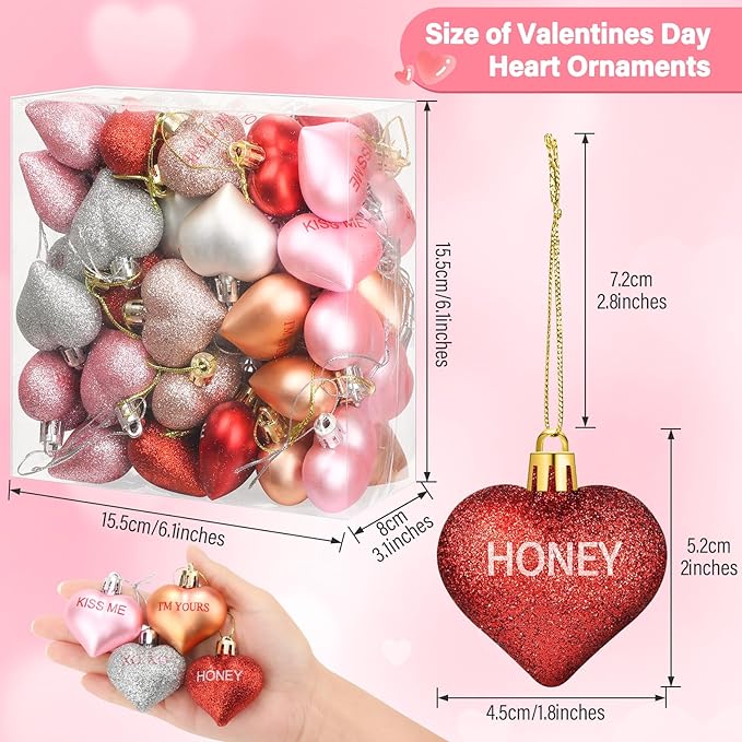 56PCS Valentines Tree Decorations Heart Ornaments, 8 Styles Valentines Day Heart Shaped Ornaments with Sweet Love Words Heart Baubles for Romantic Valentines Tree Decor Wedding Anniversary Decor