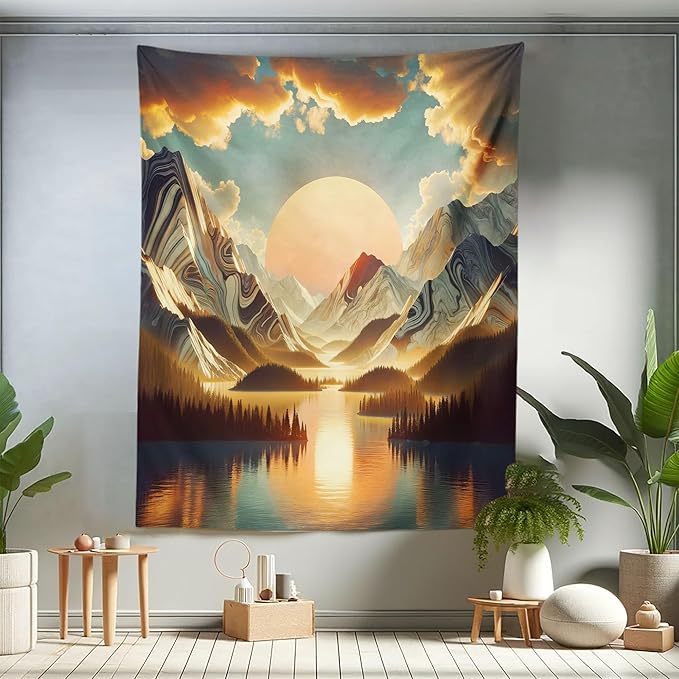 Ambesonne Mountain Tapestry Twin Size, Sunrise Scenario of Meadows Featuring Groovy Mounts with Lake Clouds, Wall Hanging Bedspread Bed Cover Wall Decor, 68" X 88", Peach Fawn Pale Seafoam