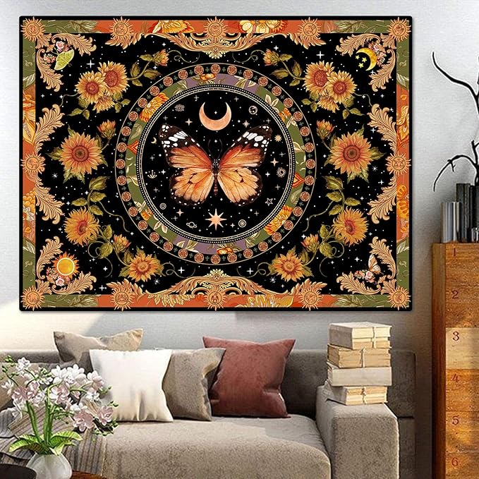 Accnicc Butterfly Floral Tapestry Vintage Indie Boho Flower Tapestries for Bedroom Aesthetic Retro Yellow Sunflower Moth Tapestry Wall Hanging for Dorm Living Room (60'' × 44'')