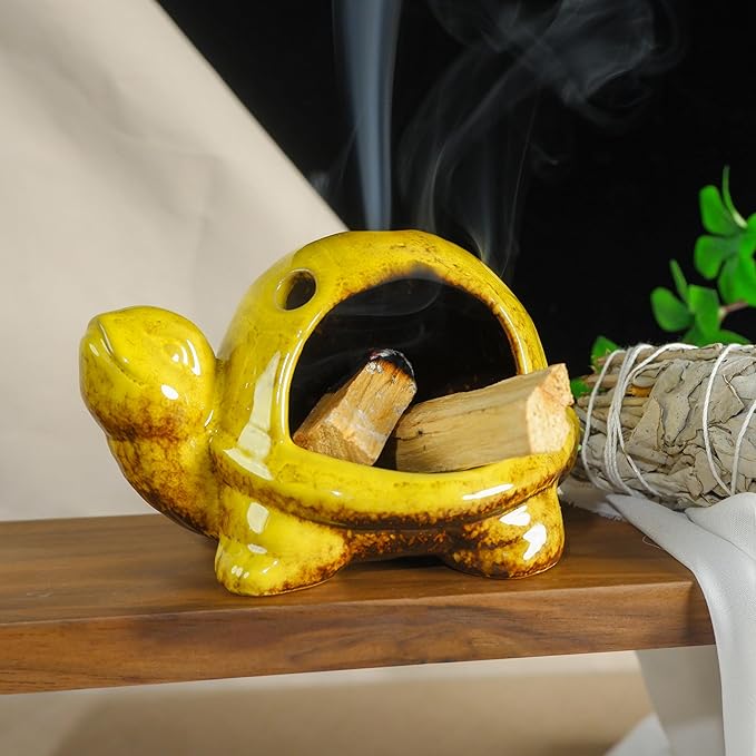 Yellow Ceramic Turtle Palo Santo Burner Holder-Mini Chiminea Incense Dish for Burning Smudge Sticks、Sage、Aromatic Santos、 Incense Cones Fits Altar &Zen Spaces,Unique Gift for Friends & Family