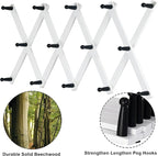 Dseap Accordian Wall Hanger: 16” High Wooden Wall Expandable Coat Rack, Hat Rack Holder, Accordion Hook for Baseball Caps, Coats, Mugs, 14 Peg Hooks, White & Black