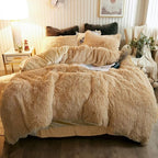 XeGe Plush Shaggy Duvet Cover Set, Luxury Ultra Soft Crystal Velvet Fluffy Bedding Sets 3 Pieces(1 Furry Faux Fur Comforter Cover + 2 Fuzzy Faux Fur Pillowcases), Zipper Closure(Queen, Camel)