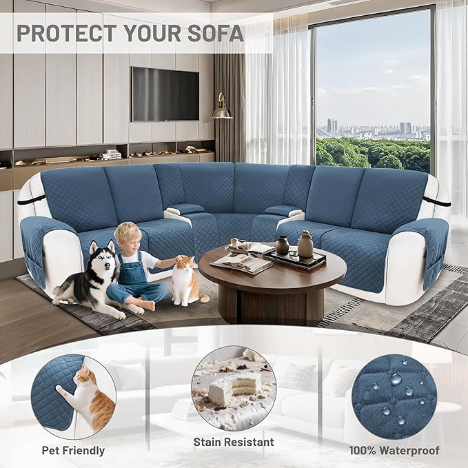 Recliner Sofa Covers 100% Waterproof Velvet L Shape Recliner Couch Covers for Dogs Pets Washable Anti Slip Recliner Slipcovers with Pockets (5 Seat Sofa with 2 Console, Dark Blue)