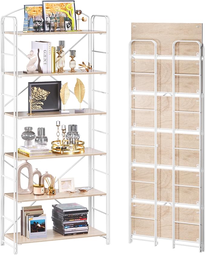 UDD Folding Bookshelf No Assembly, 65" H x 23.7" W, 6 Shelf Foldable Bookcase Industrial Collapsible Bookshelves, Open Storage Book Shelves for Small Spaces Home Office Living Room, Light Oak White