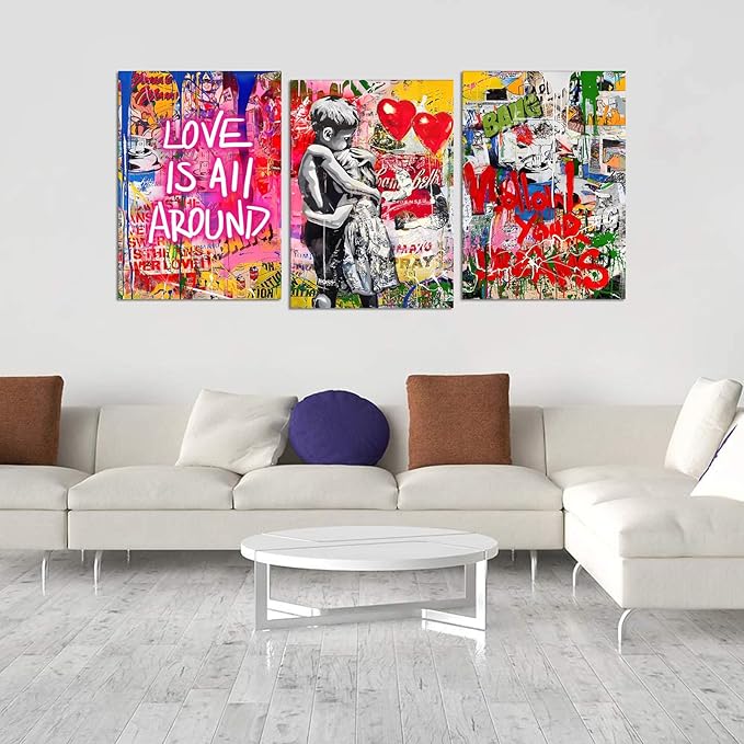 Novatique Colorful Graffiti Canvas Wall Art Street Banksy Wall Art Modern Street Teen Pictures Ready to Hang Banksy Graffiti Posters for Bedroom Living Room, 20”x 28”x 3Pcs