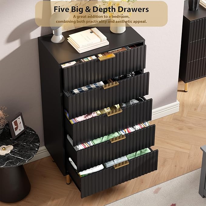 GarveeHome 5 Drawer Dresser for Bedroom, 48 in Tall Modern Chest of Drawers with Deep Drawers and Wide Top, Fluted Wooden Dresser Organizer for Living Room, Hallway, Kids Room, Black
