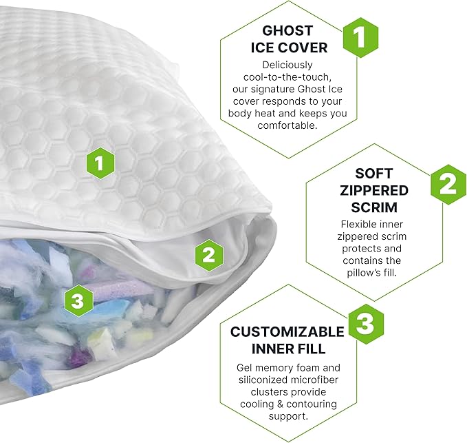GhostBed Shredded Memory Foam Pillow with Adjustable Gel and Cooling Breathable Cover - King Size Shredded Pillows CertiPUR-US Certified 2-Pack