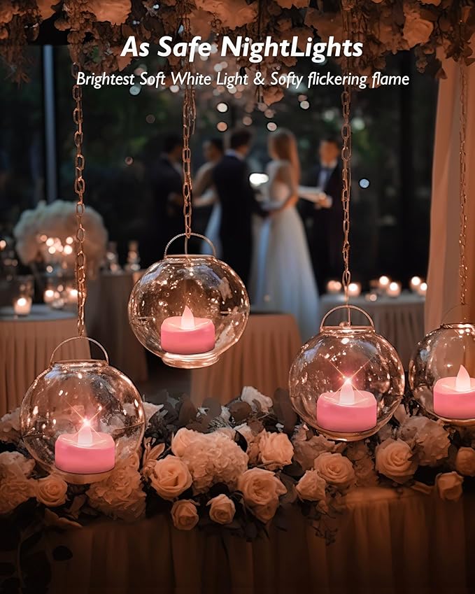LED Candles, 24 Pack Tea Lights Candle Battery Operated, Flameless Tealight Votives, Realistic Tea Lights for Wedding Home Party Decor -D 1.5" x H 1.25" -Pink Light
