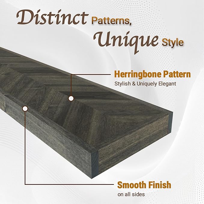 48" Rustic Farmhouse Floating Shelves – Set of 2 Acacia Wood Shelves for Stylish Wall Decor in Kitchen, Bathroom, Unique Chevron Pattern, Mocha Color, 48x8x1.5 Inches - Set of 2 - DIY