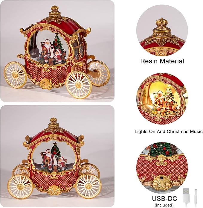 Christmas Snow Globes,Christmas Carriage Snow Globe with 8 Music & Timer, Battery Or USB Cable Powered Operated Glittering for Christmas Table Centerpiece Decoration.Santa,Christmas Tree