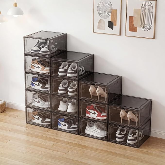 Pinkpum Upgraded Hard Shoe Storage Box 6 Pack X-Large Fit Size 12, Thicken & Sturdy Clear Plastic Stackable Shoe Organizer Box Closet, Sneaker Storage Display Case Holder Bins with Magnetic Door Black
