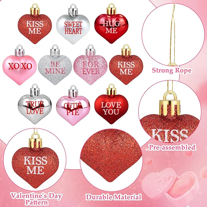36 PCS Valentine's Day Heart Hanging Ornaments Red Pink Silver Glitter Heart Shaped Baubles Valentines Day Tree Hanging Decorations for Home Wedding Anniversary Party Decoration