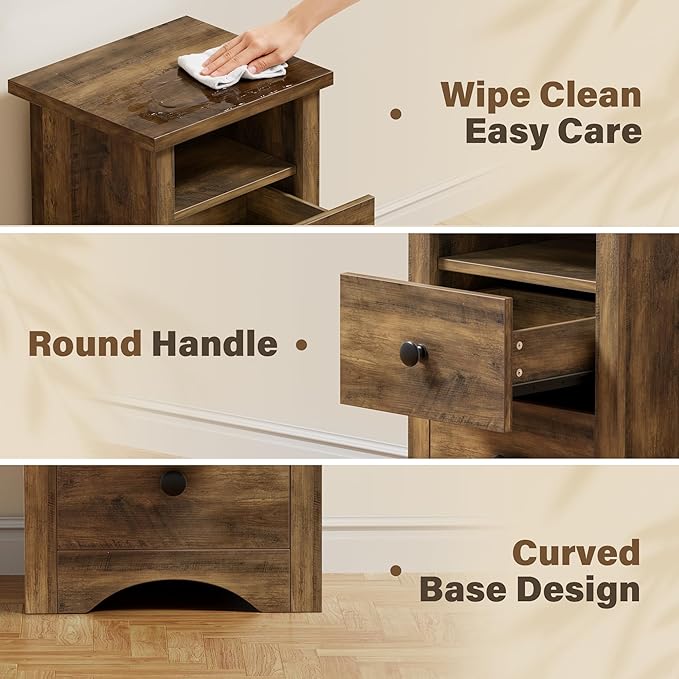JUMMICO Farmhouse Nightstands, End Table with 2 Storage Drawers and Open Shelf, Rustic Bedside Table for Bedroom, Living Room(2, Warm Amber)