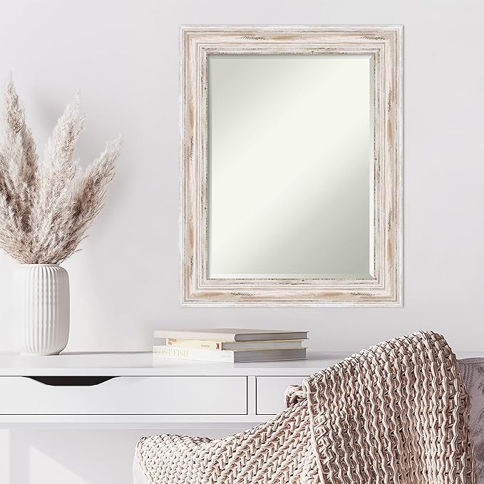 Amanti Art White Wall Mirror 29x23 Alexandria White Wash Rectangle Bathroom Mirror for Wall Decor Living Room, Medium Cottage Wood Frame, Hangs Horizonally and Vertically, Bathroom Decor, Beveled Edge