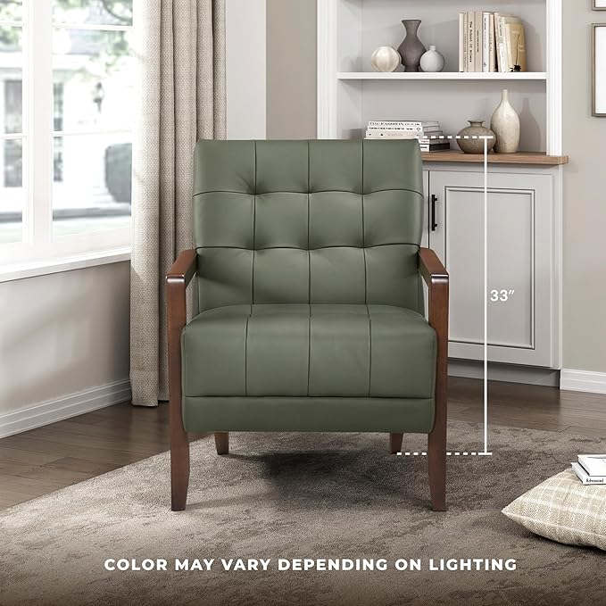 Lexicon Modern Accent Chair, Luxury Genuine Leather Match Living Room Chair with Tufted Cushions, Solid Wood Frame and Arm Rest, Comfy Upholstered Single Seat for Bedroom/Reading/Office, Green