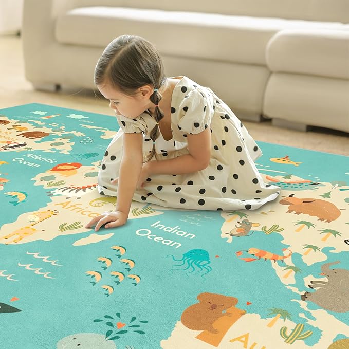Washable Kids Playroom Rug – 5x7 Play Rug for Preschool Toddlers, Baby Girls, Educational with Cute Animals – Non-Slip, Stain Resistant, Soft & Safe for Bedroom, Play Room and Classroom - Blue