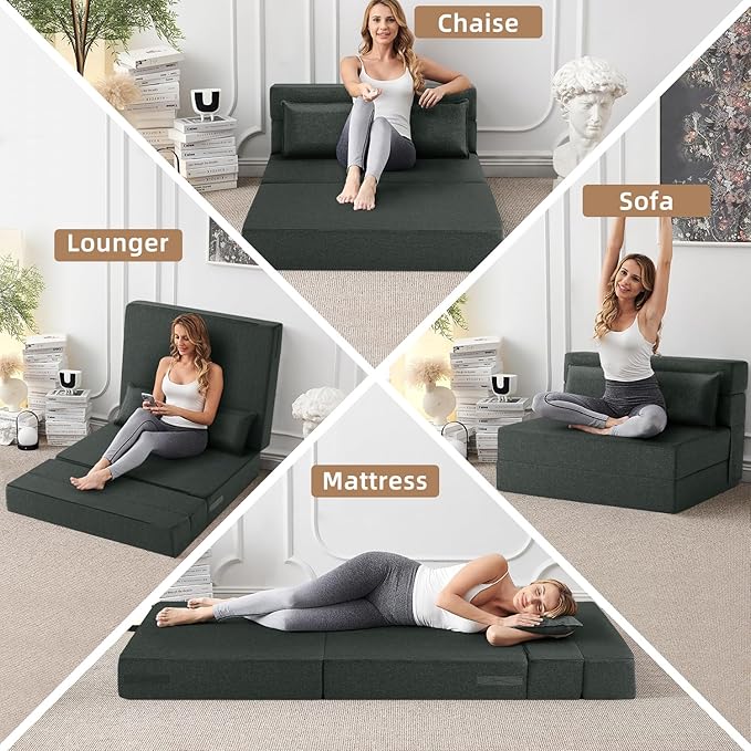 FILUXE Convertible Folding Sofa Bed - Sleeper Chair with Pillow, Modern Linen Fabric Floor & Futon Couch, Foldable Mattress for Living Room/Dorm/Guest/Home Office/Apartment, Standard Size, Dark Gray