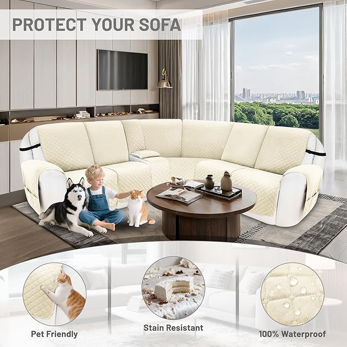 Recliner Sofa Covers 100% Waterproof Velvet L Shape Recliner Couch Covers for Dogs Pets Washable Anti Slip Recliner Slipcovers with Pockets (5 Seat Sofa with 1 Console, Ivory White)