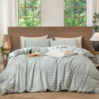 MooMee Gingham Duvet Cover Set 100% Washed Cotton Linen Like Textured Breathable Durable Soft Comfy Modern Checkered Design (Sage Green Gingham, Full 80"x90")