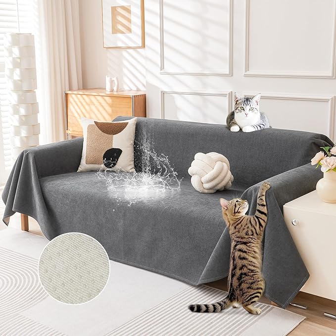 Deep Dream Cat-Scratch Resistant Couch Cover, Waterproof Sofa Cover for 3 Cushion Couch Washable, Pet Friendly Couch Protectors Anti Slip Thickened Sofa Slipcovers for Dogs Pets, 71" x 150", Dark Grey
