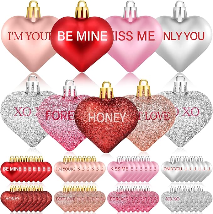 56PCS Valentines Tree Decorations Heart Ornaments, 8 Styles Valentines Day Heart Shaped Ornaments with Sweet Love Words Heart Baubles for Romantic Valentines Tree Decor Wedding Anniversary Decor