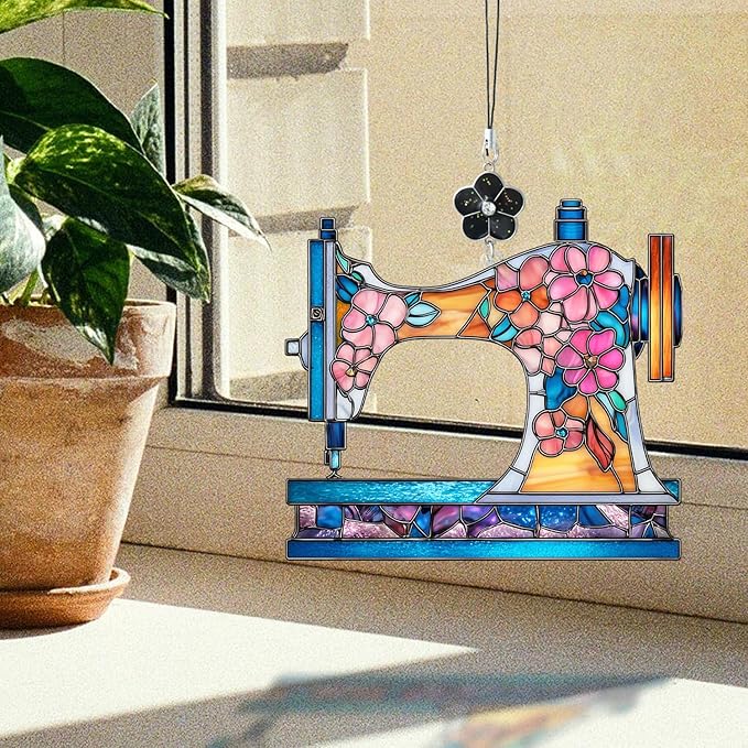 Sewing Machine Stained Glass Style Ornament, Acrylic Window Hanging Suncatcher Decoration, Colorful Vintage Sewing Machine with Floral Decor for Christmas Tree, Craft Room or Home, Gift for Women Mom
