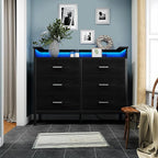 BOLUO Black Dresser with LED Light and Charging Station for Bedroom 6 Drawer Dresser with USB Outlet, Fabric Dressers & Chests of Drawers Modern