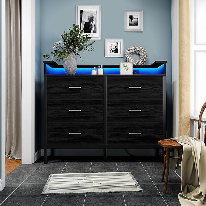 BOLUO Black Dresser with LED Light and Charging Station for Bedroom 6 Drawer Dresser with USB Outlet, Fabric Dressers & Chests of Drawers Modern