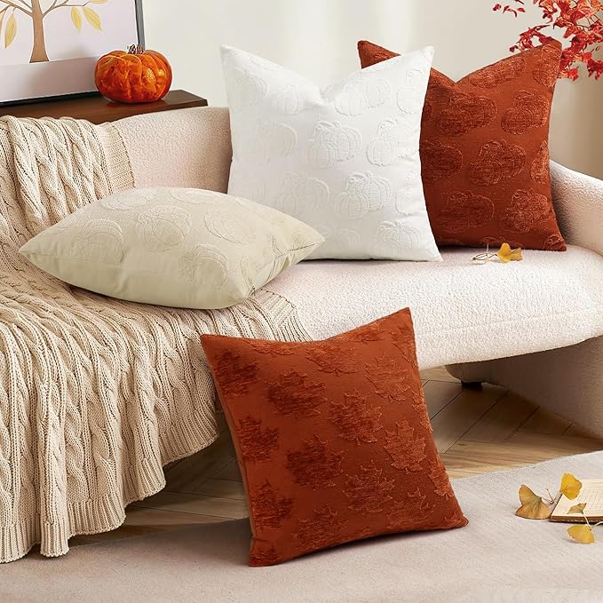 decorUhome Decorative Beige Pumpkin Thanksgiving Throw Pillow Covers 18x18 Set of 2, Soft Chenille Jacquard Farmhouse Textured Pillow Covers for Couch Bed Sofa Autumn Harvest Halloween Holiday