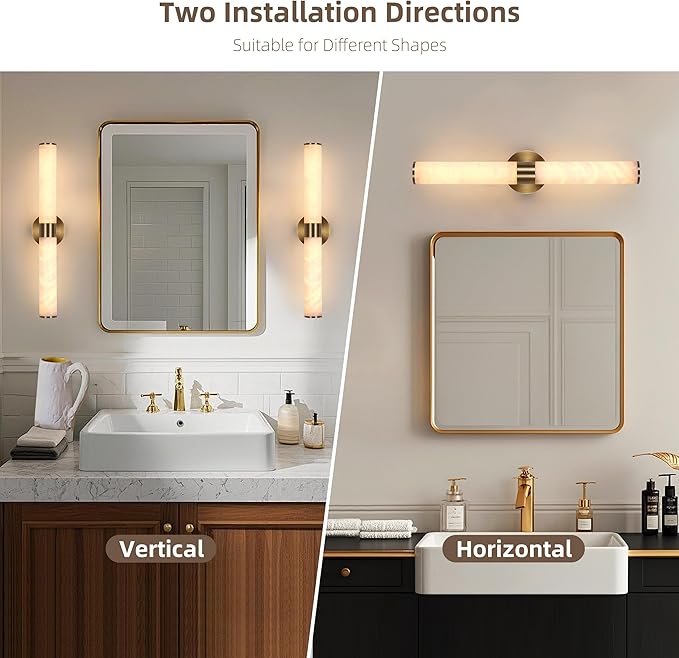 23.8in Alabaster Wall Sconce, Gold Sconces with Spanish Marble, Modern Brass Wall Mounted Lamp, Hardwired LED Wall Lighting for Bathroom Bedroom Living Room Staircase Hallway Dining Room