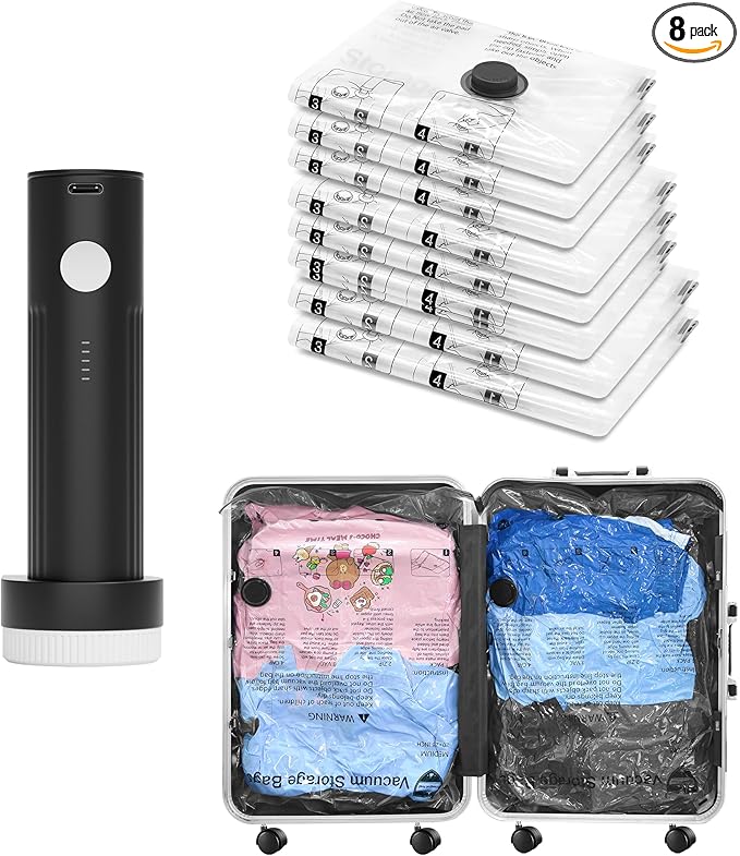 SUOCO Vacuum Storage Bags for Travel with Rechargeable Pump, 8 Combo (2L/3M/3S) Compression Packing Seal Bags for Luggage Suitcase, Space Saver for Clothing and Clothes Travel