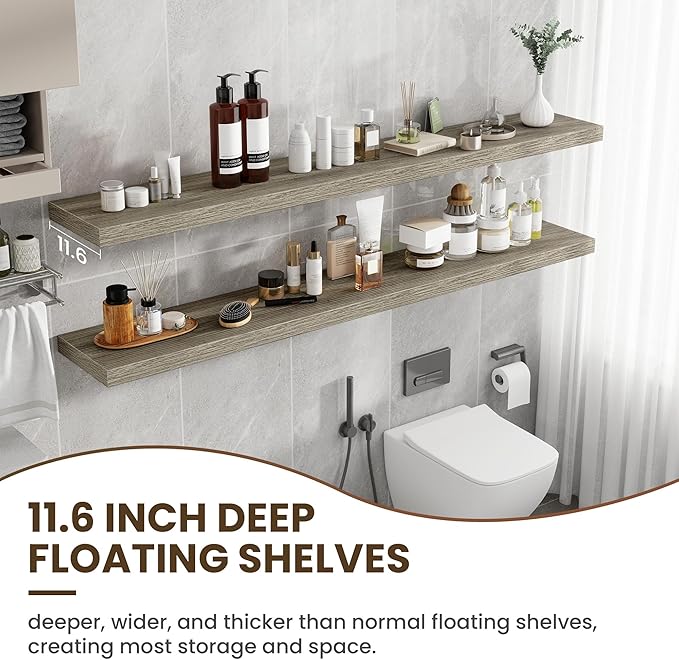 72 inch Floating Shelves for Wall, 12 Inch Deep Floating Shelf, Hanging Shelf with Invisible Brackets, Rustic Wooden Wall Shelves for Bathroom, Bedroom, Living Room,Farmhouse Set of 1,Grey
