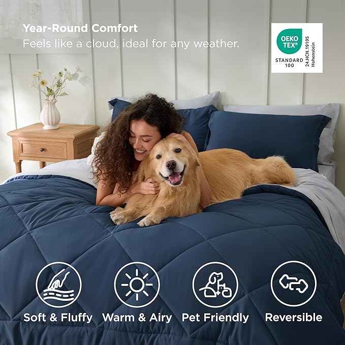 Bedsure Full Size Comforter Set - 7 Pieces Reversible Navy Bedding, Full Size Bed Set for All Seasons, Bed in a Bag with Down Alternative Comforter, Sheets, Pillowcases & Shams