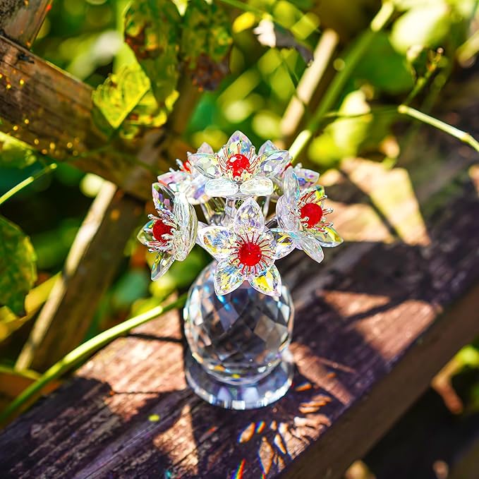 Iridescent Crystal Flower Figurine Collectibles for Women AB Color Glass Flowers Ornament Collection Crystal Christmas Decoration for Home Office