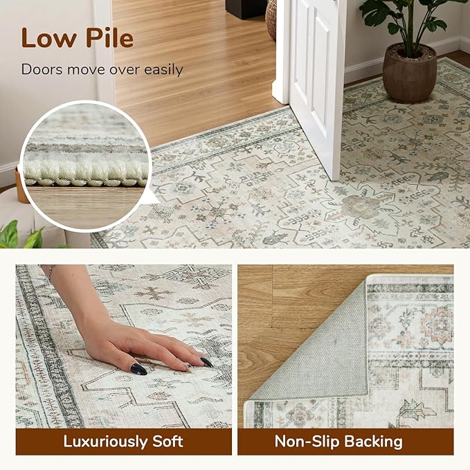 Lessymo Washable Rugs for Living Room, 9x12 Large Area Rug for Bedroom Dining Home Office, Soft Non-Slip Vintage Stain Resistance Oushak Carpet, Boho Neutral Farmhouse Decor, Beige Brown