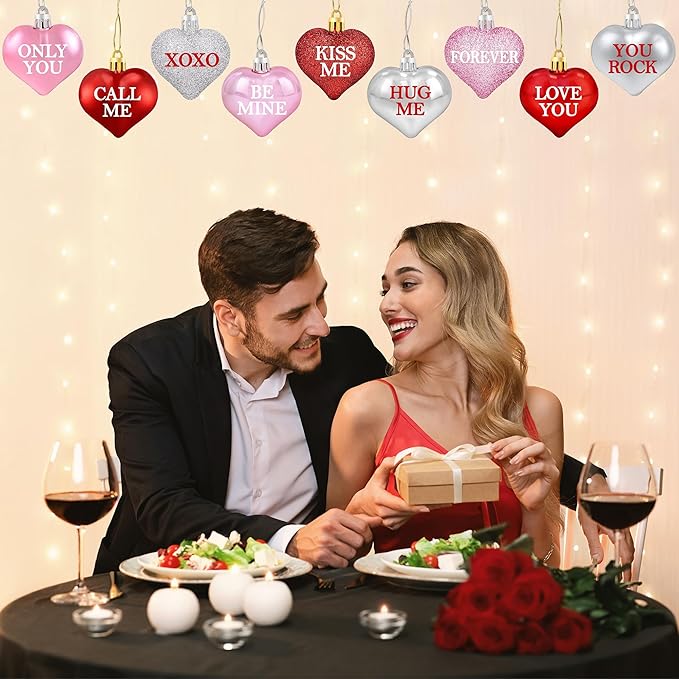 Tifeson 36Pcs Valentine's Day Heart Ornaments, Red Pink Silver Heart Shaped Valentine Ornaments for Tree Conversation Heart Decorations for Valentines Home Anniversary Decor