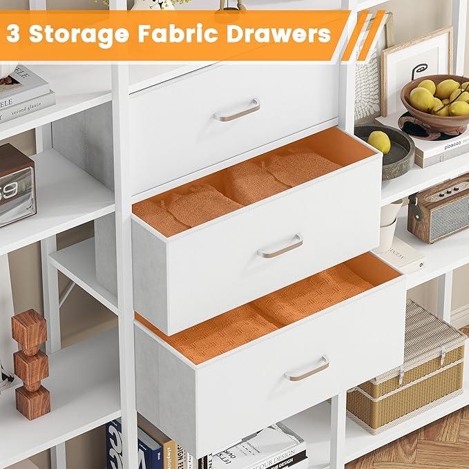 Semoic Triple Wide 6 Tiers Industrial Book shelf with 3 Drawers and Storage Shelves, 73.6" Tall Bookcase with 16 Open Display Shelves, Large Etagere Bookshelf with Metal Frame for Home & Office, White