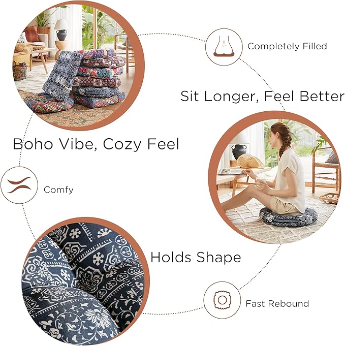 Codi Meditation Floor Pillow, Boho Pillows Seating for Adults and Kids, Large Round Cushion for Yoga Living Room Tatami Sitting, Memory Foam Added, 22x22 Inch, Indigo Elephant