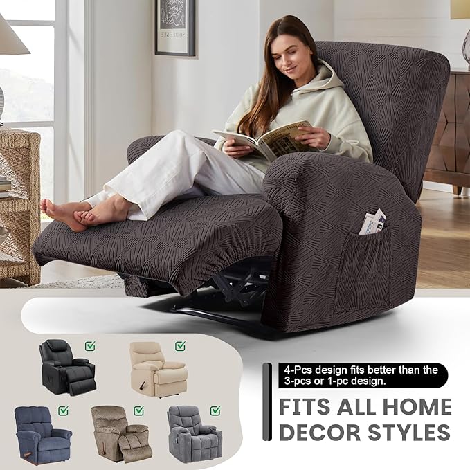 VANSOFY Oversized Recliner Chair Covers, 4-Pieces Stretch Recliner Cover Jacquard Soft Reclining Chair Slipcover Furniture Protector with Elastic Bottom for Lazy Boy Recliner(Chocolate)